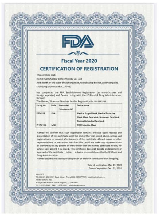 FDA 2020 Certification of Registration with N95 Mask