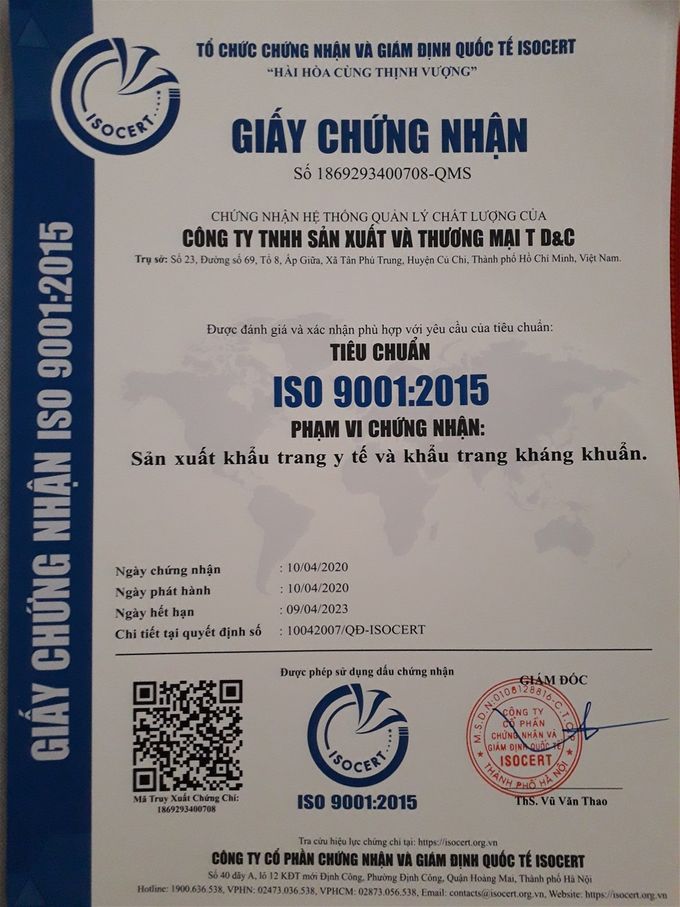 Certification ISO 9001 2015 of mask manufacturing company for Bao An company (Vietnamese)