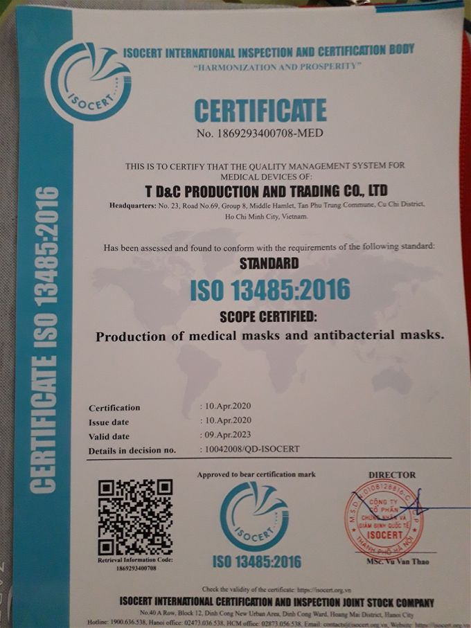 Certification ISO 13485 2016 of mask manufacturing company for Bao An company