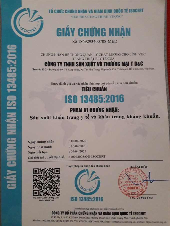 Certification ISO 13485 2016 of mask manufacturing company for Bao An company (Vietnamese)